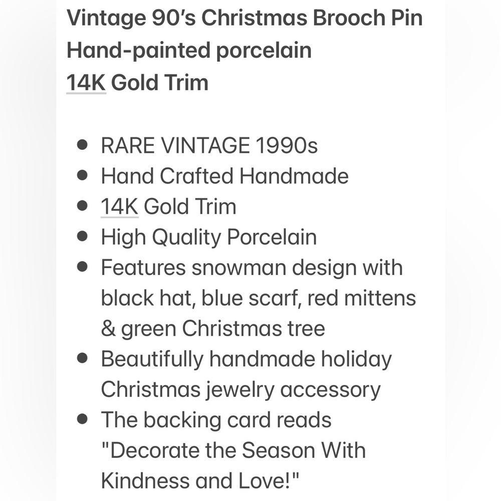 Snowman Christmas Pin 14K Gold Porcelain Handmade Holiday Hand Crafted Jewelry - Picture 6 of 12